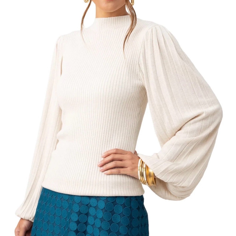 Trina Turk Sweater Womens XL Cream Ribbed Knit Mock Neck Balloon Sleeve MSRP$268